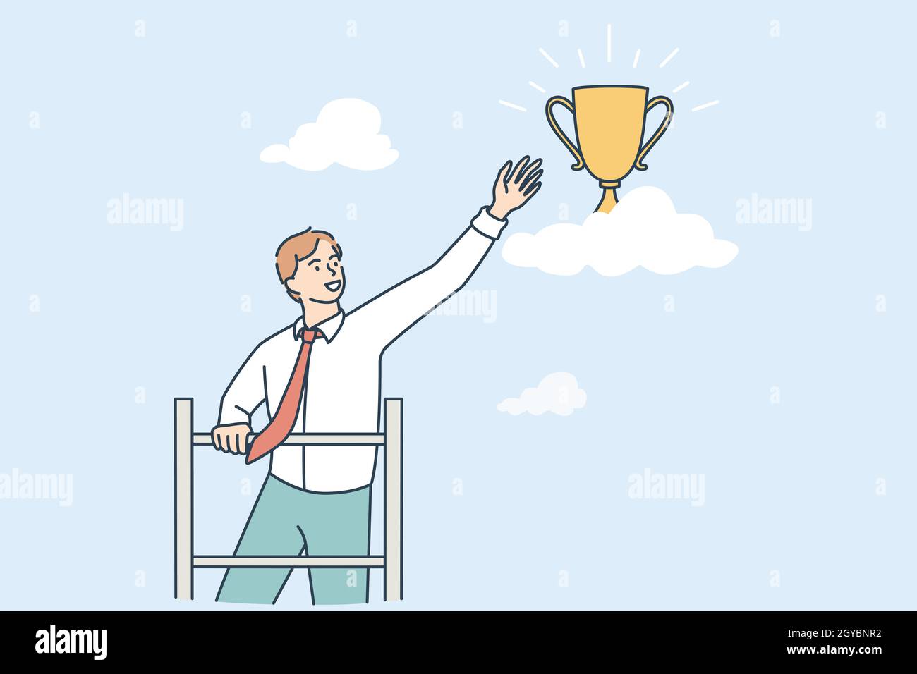 Concetto di opportunità e successo aziendale. Giovane uomo d'affari sorridente personaggio cartoon in piedi raggiungere per trofeo d'oro volare in aereo vettore illus Foto Stock