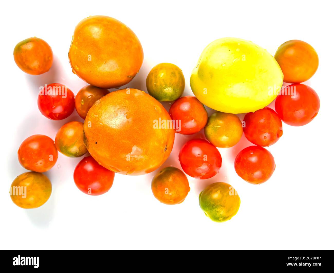 Raccogliere le verdure di pomodoro su sfondo bianco. Pomodori maturi. Agricoltura. Vetrina. Insalata di verdure. Succo di pomodoro. Immagine di sfondo. Posto per y Foto Stock