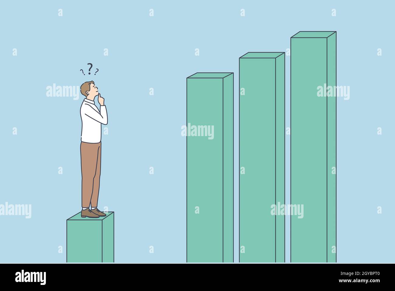 Sviluppo aziendale e concetto statistico. Il pensiero giovane ha frustrato l'uomo d'affari in piedi sul cubo delle statistiche che tocca il mento che guarda i cubi crescenti Foto Stock