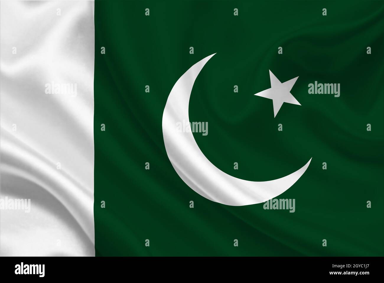 Bandiera 3D del Pakistan su tessuto stropicciato. Foto Stock