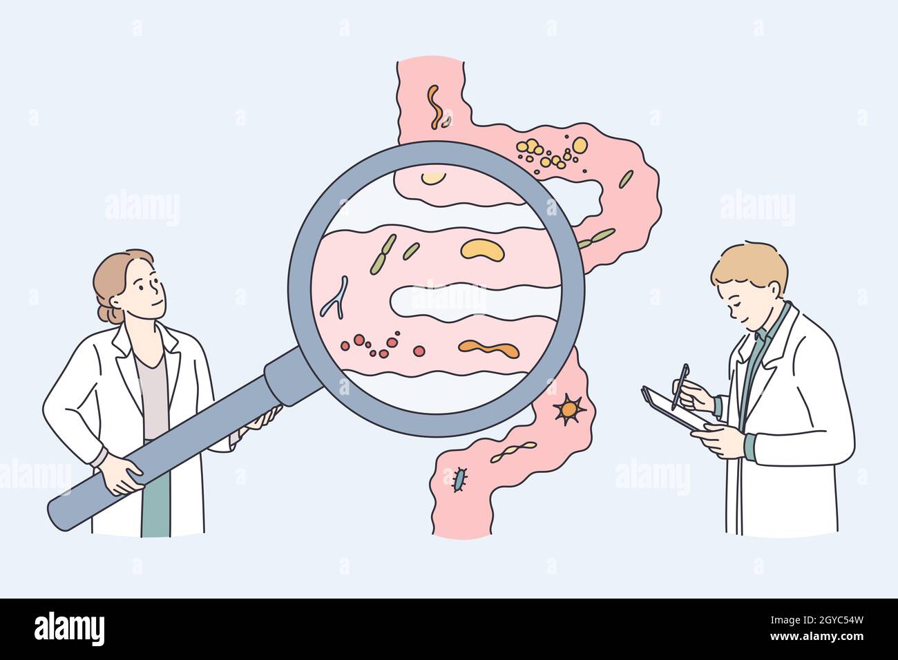 Concetto di salute e nutrizione sana. Giovani scienziati che studiano il tratto gastrointestinale e il sistema digestivo facendo l'analisi dei microrganismi intestinali v Foto Stock