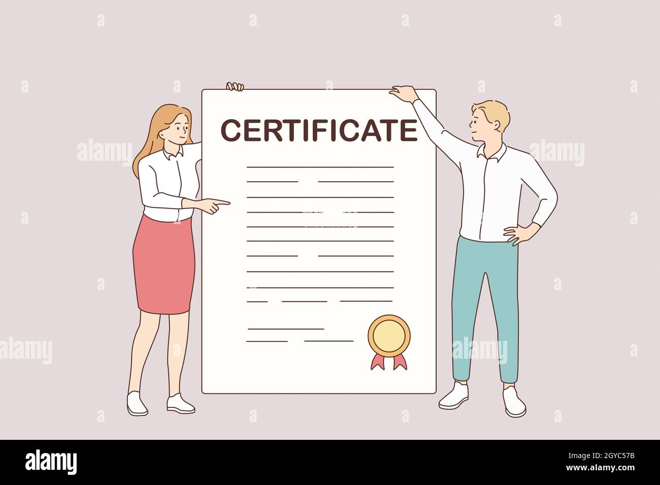Certificato aziendale e concetto di sviluppo. Giovane sorridente partner donna e uomo personaggi cartoon in piedi con enorme certificato con ufficiale Foto Stock