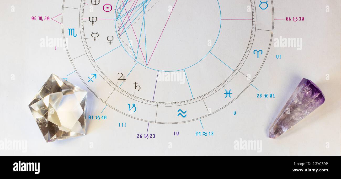 Primo piano di diamanti su un grafico astrologico bianco Foto Stock