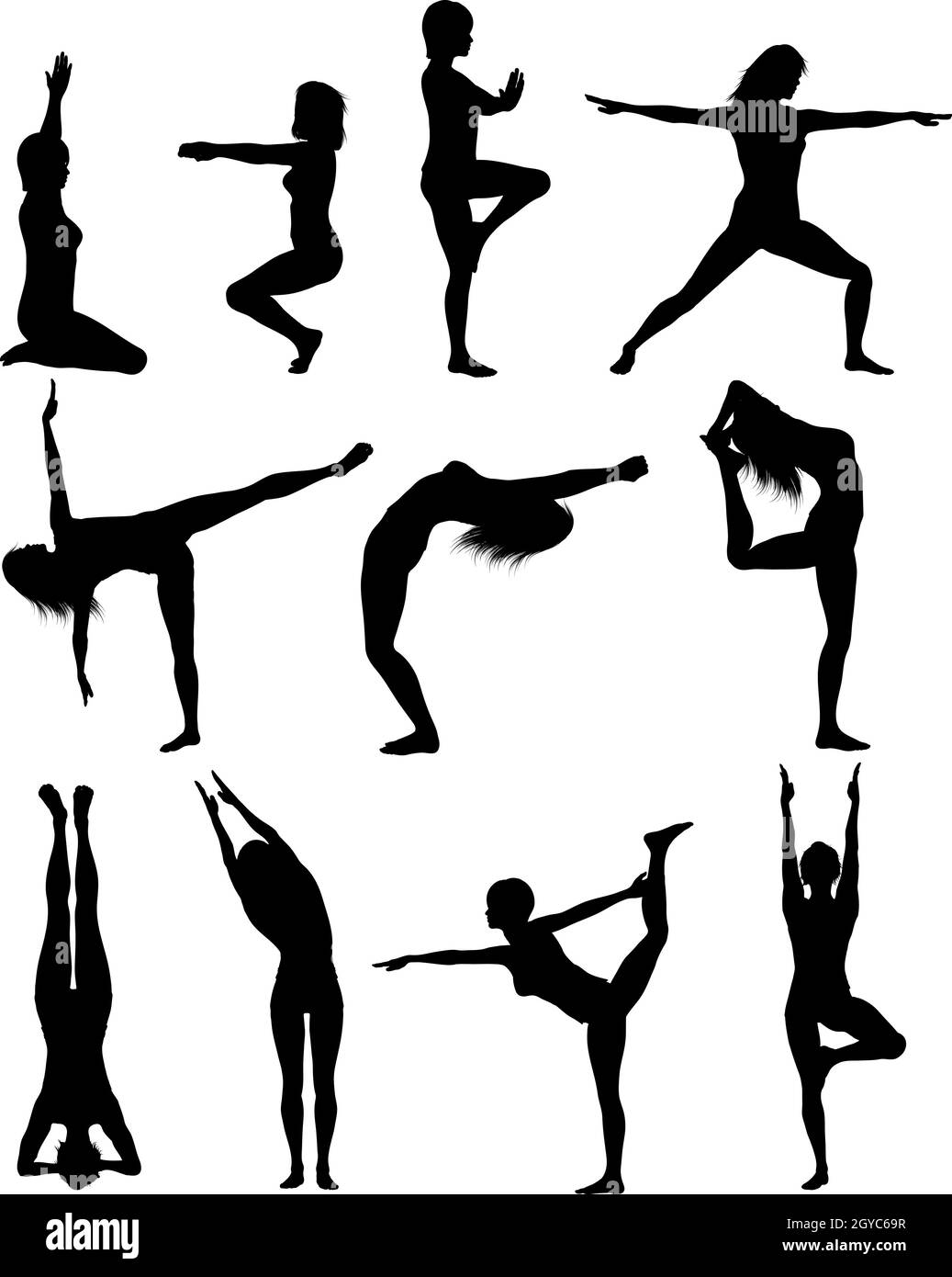 Silhouette di femmine in vari yoga pone Foto Stock
