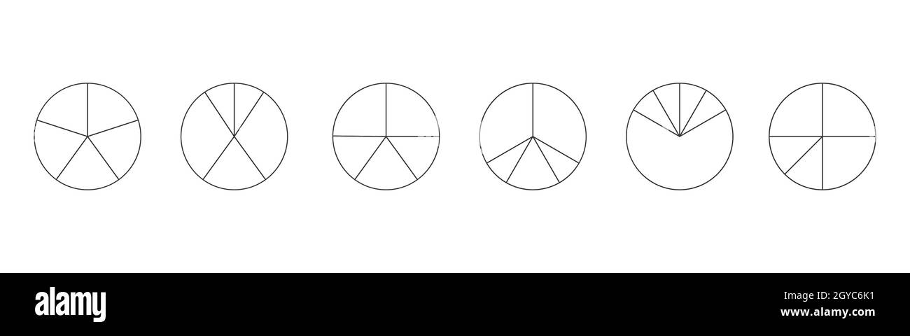 Contorni circoli divisi in 5 segmenti. Forme rotonde a torta o pizza tagliate in tre fette diverse. Semplici esempi di infografica statistica isolati su sfondo bianco. Illustrazione lineare vettoriale. Illustrazione Vettoriale
