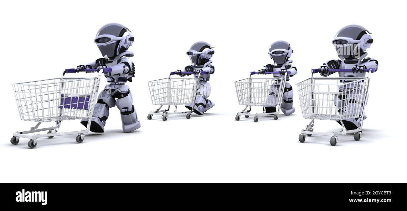 3D render di robot in esecuzione con carrelli di shopping Foto Stock