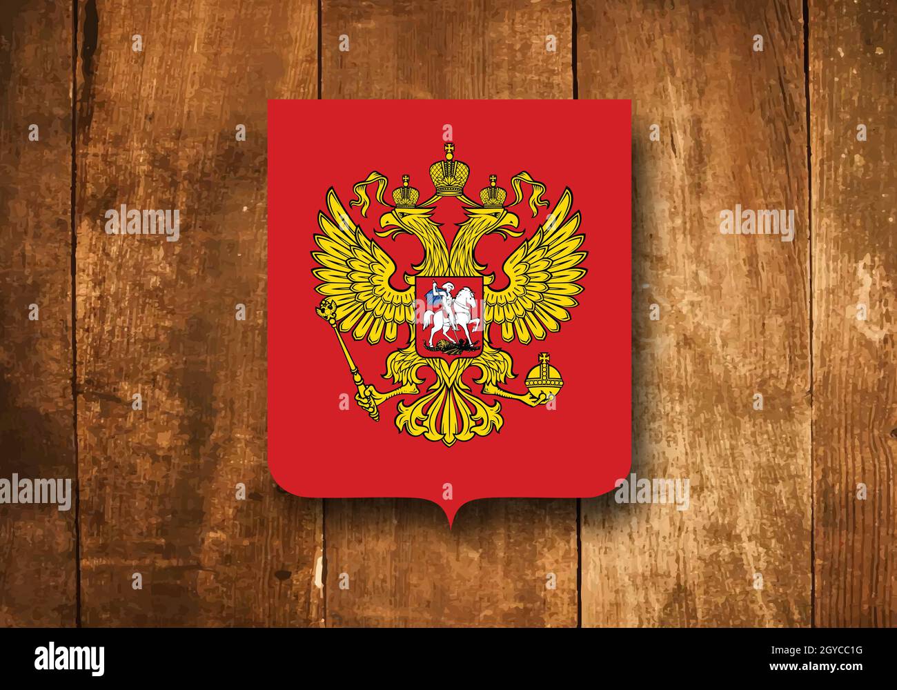 Stemma della Russia, sfondo in legno Foto Stock