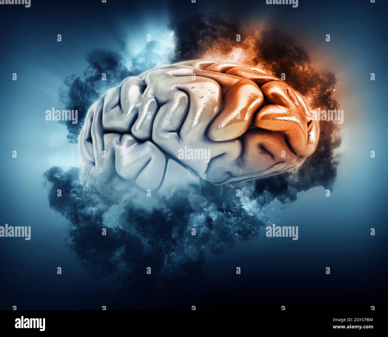 3D render di un cervello in nuvole temporalesche con lobo frontale evidenziata Foto Stock