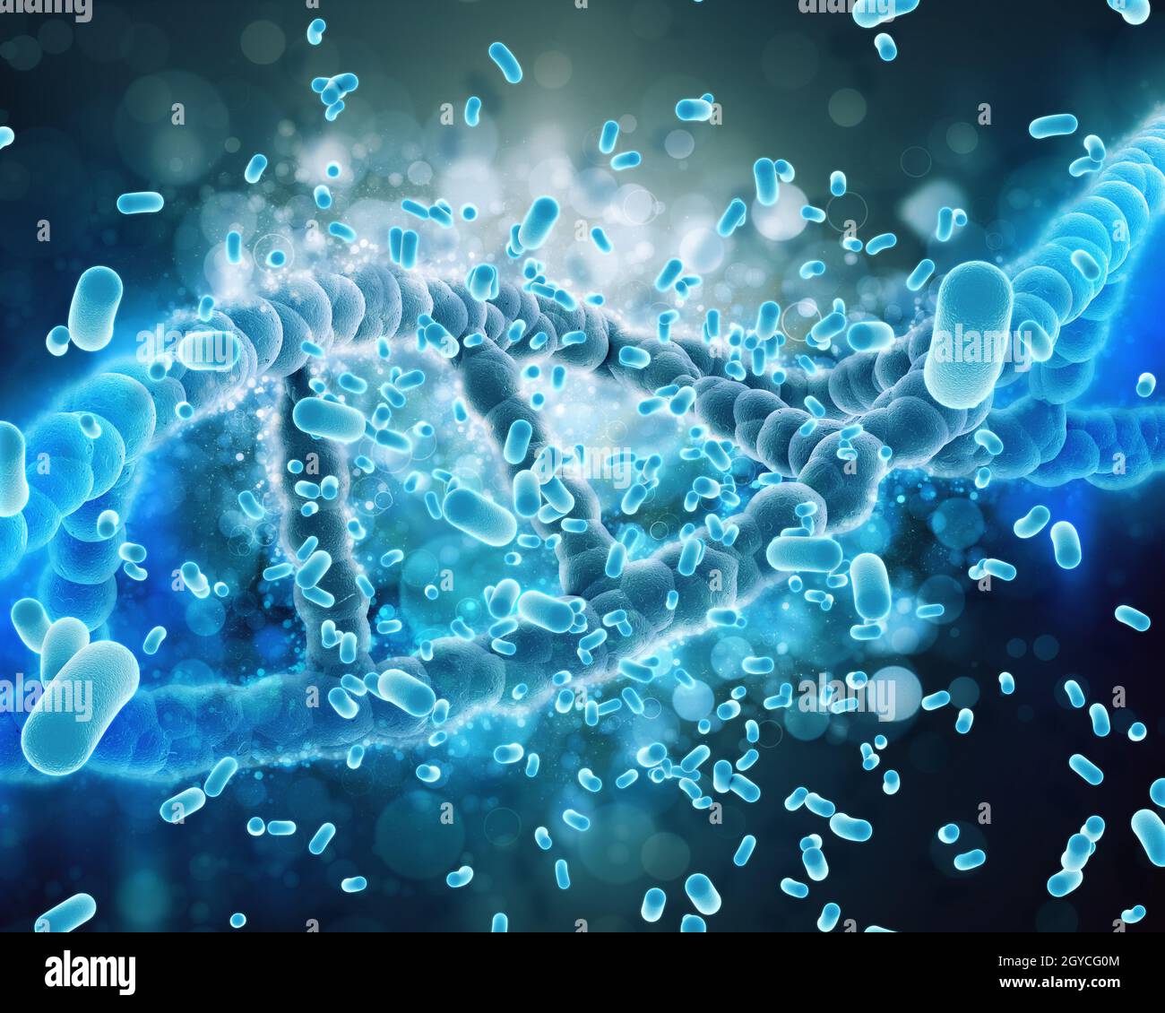 3D render di un medico di sfondo con filamenti di DNA di essere attaccato da un virus cellule Foto Stock