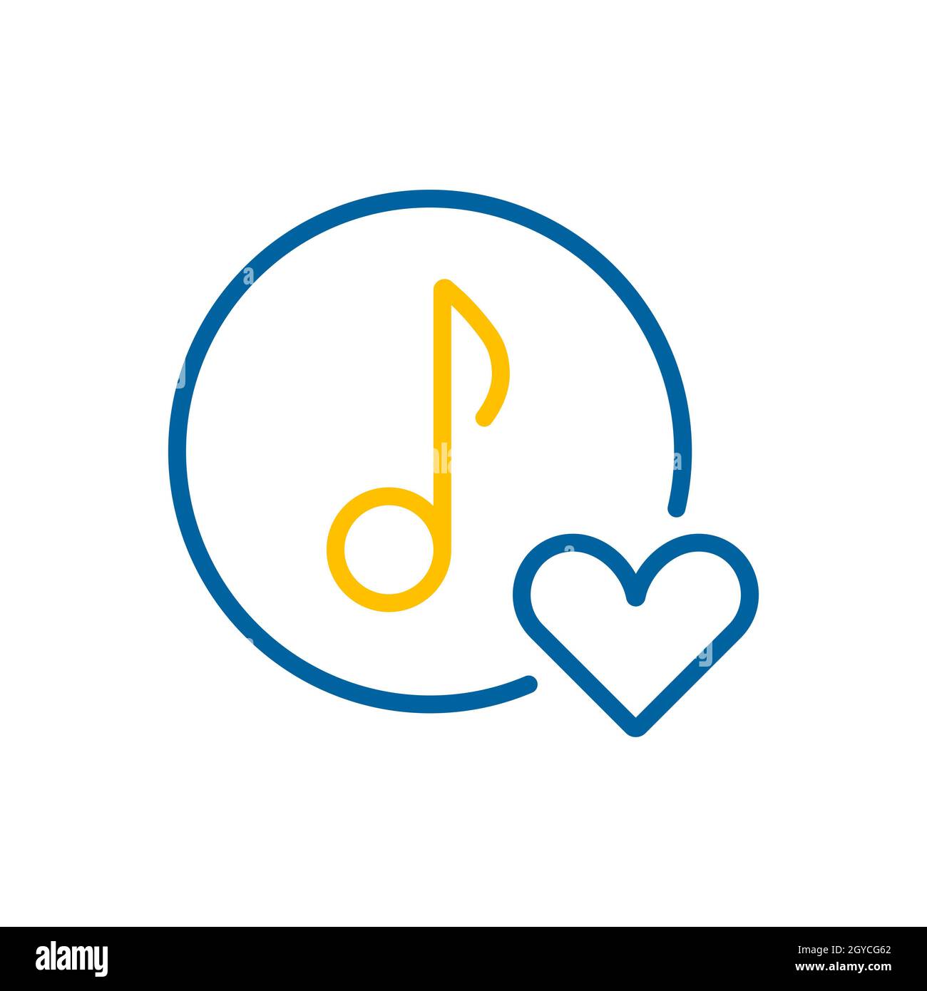 Icona nota musicale, icona musica con il segno del cuore. Come icona musica. Icona di nota musicale e simbolo preferito, come, amore, cura Foto Stock