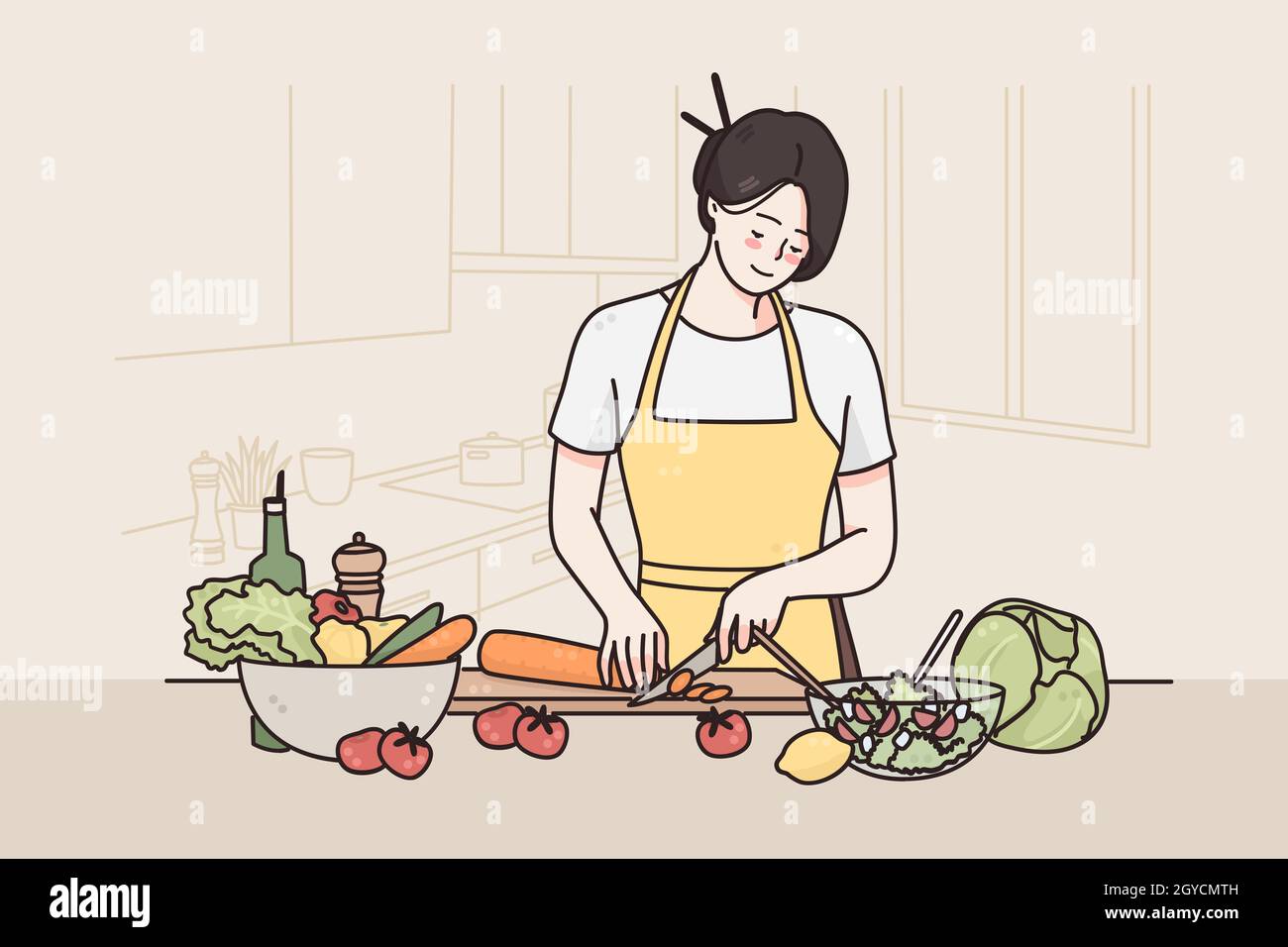 Dieta sana e stile di vita concetto. Giovane personaggio fumetto femminile sorridente in grembiule in piedi in cucina e tagliare le verdure rendendo sana SA fresca Foto Stock