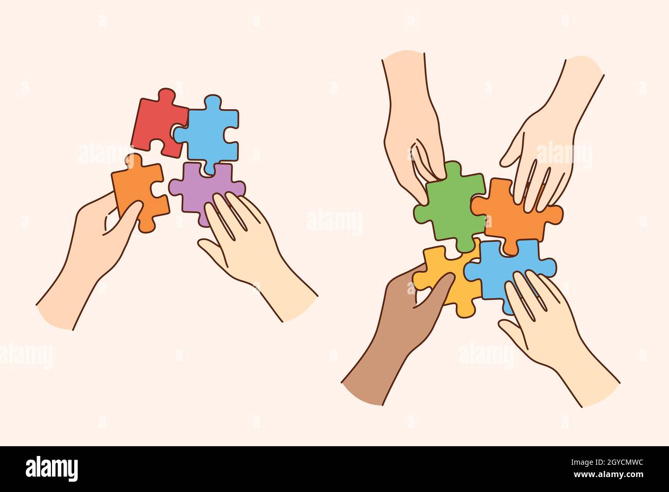 Lavoro di squadra, team multietnico, concetto di cooperazione. Mani di persone multiculturali business partner lavoratori colleghi rassodare l'intero puzzle di colorato Foto Stock