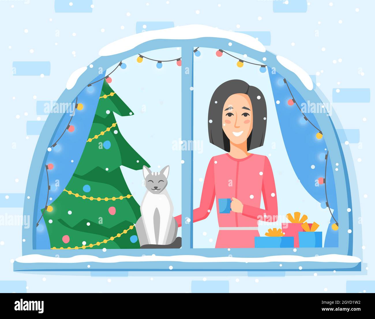 Donna in piedi nella finestra decorata con lampada ghirlanda. Ragazza, gatto e albero di Natale. Illustrazione delle vacanze invernali in stile appartamento Illustrazione Vettoriale