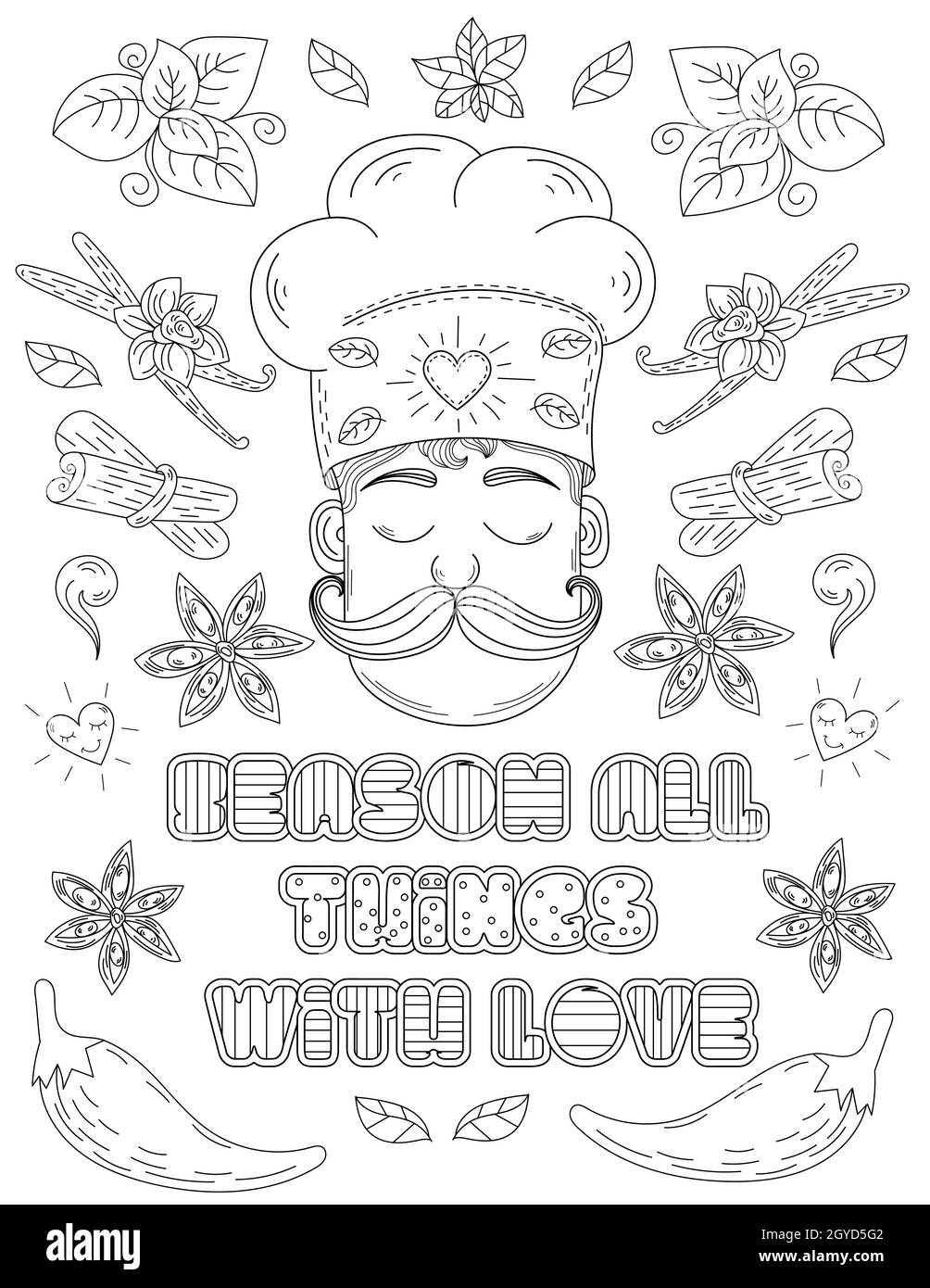 Uomo in cappello Chef occhi chiusi circondato da disegni Doodle Line. Foto Stock