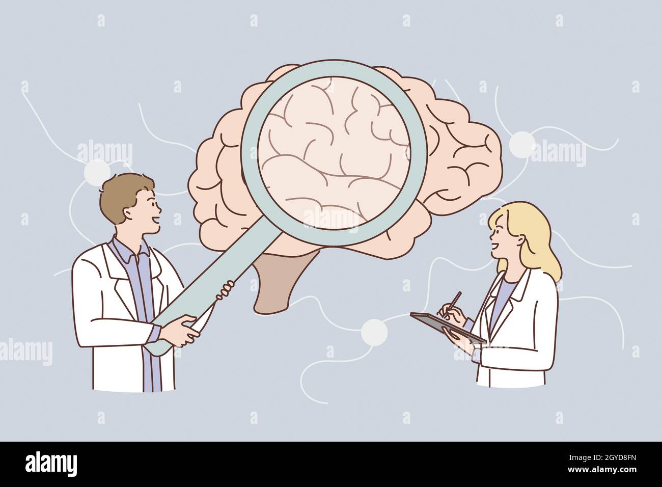 Ricerca del concetto di cervello umano. I medici del giovane uomo e della donna scienziati in piedi che guardano il cervello umano enorme che fa le note insieme l'illustrazione del vettore Foto Stock