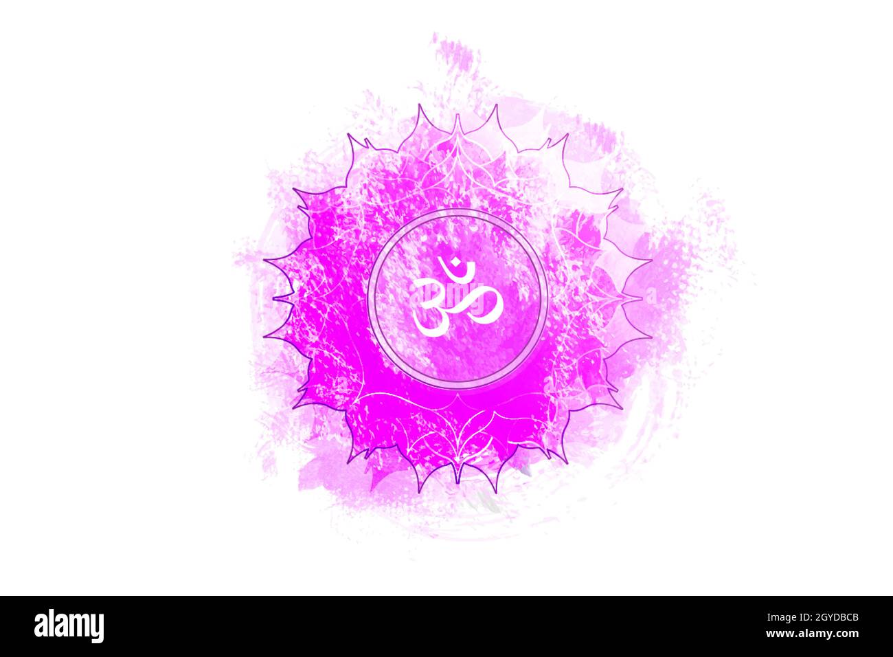 Settimo chakra di Sahasrara, modello con logo Crown chakra in stile acquerello. Meditazione del segno sacrale viola, icona di yoga rotondo mandala. Il simbolo Om in Illustrazione Vettoriale