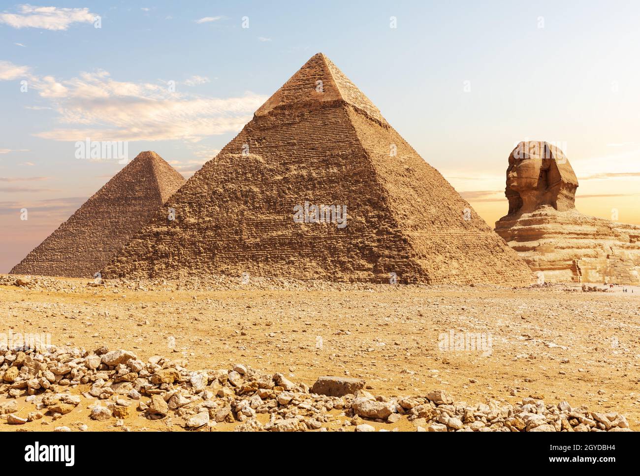 La Grande Sfinge e le Piramidi d'Egitto, Giza. Foto Stock