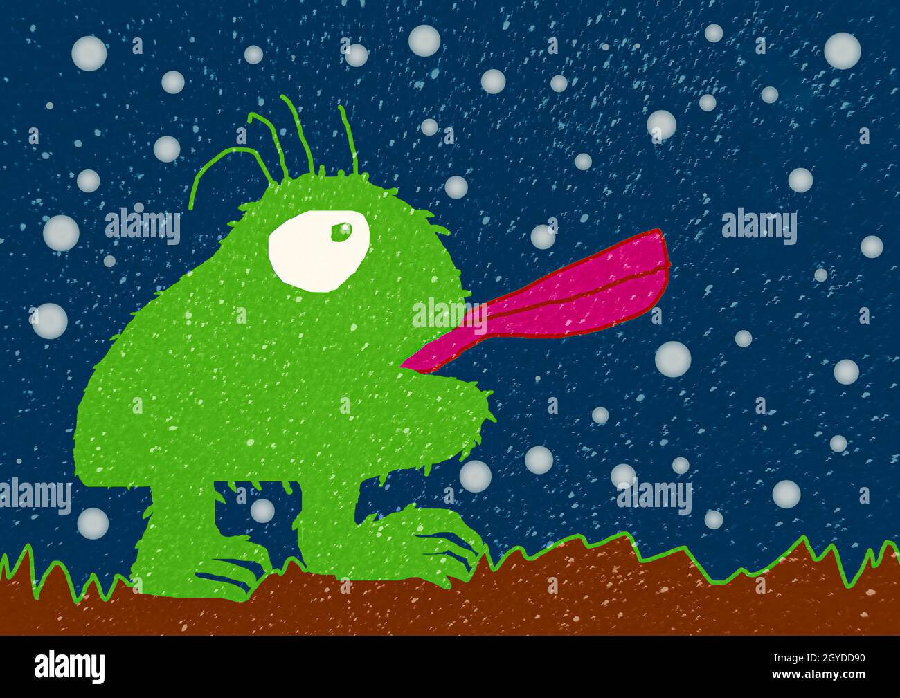 Toad con linguetta fuori sopra il paesaggio di notte matita colorata che disegna l'illustrazione di stile del cartone animato Foto Stock