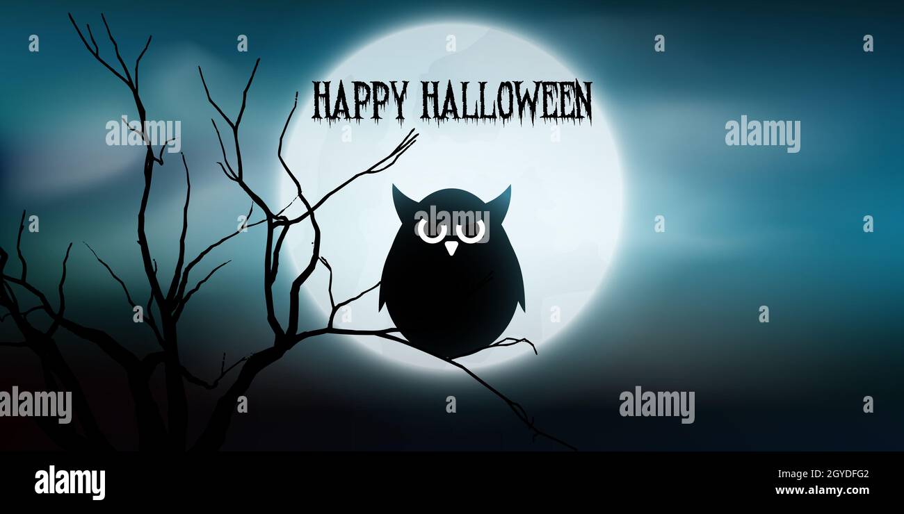 Banner di Halloween con gufo e albero contro la luna Foto Stock