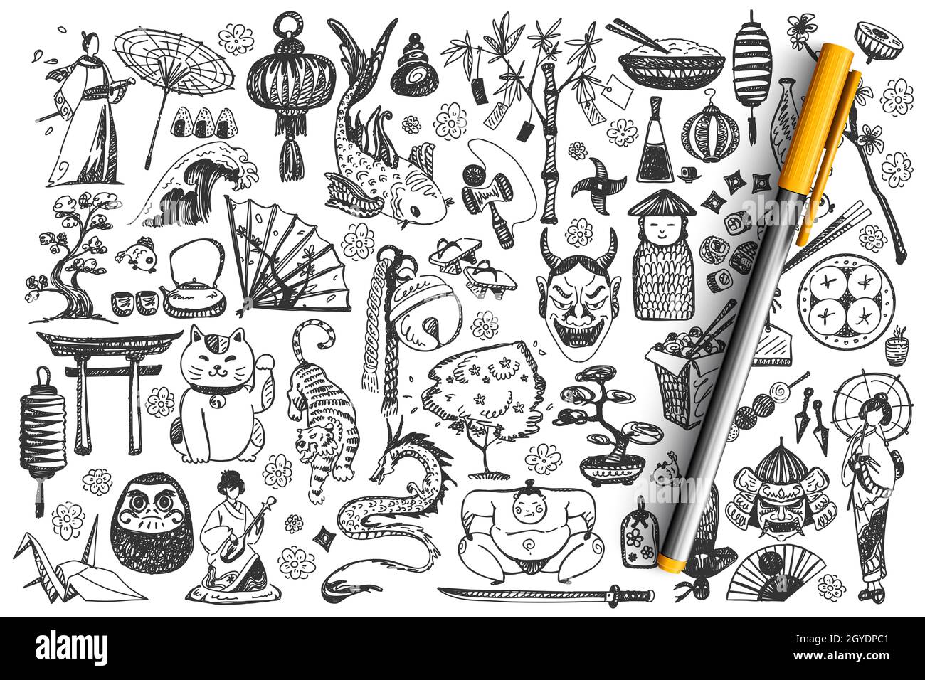 Set di doodle in Giappone. Collezione di matite di gesso disegni a mano  modelli di architettura della cultura giapponese e cucina nazionale su  sfondo bianco Foto stock - Alamy