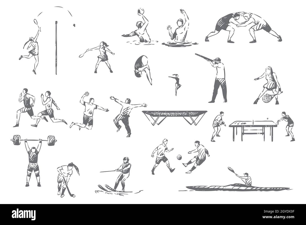 Sketch di concetto di attività sportive estive. Sport professionistico, tennis, pallanuoto, wrestling freestyle, ginnastica, pallamano, ping pong, calcio, com Foto Stock
