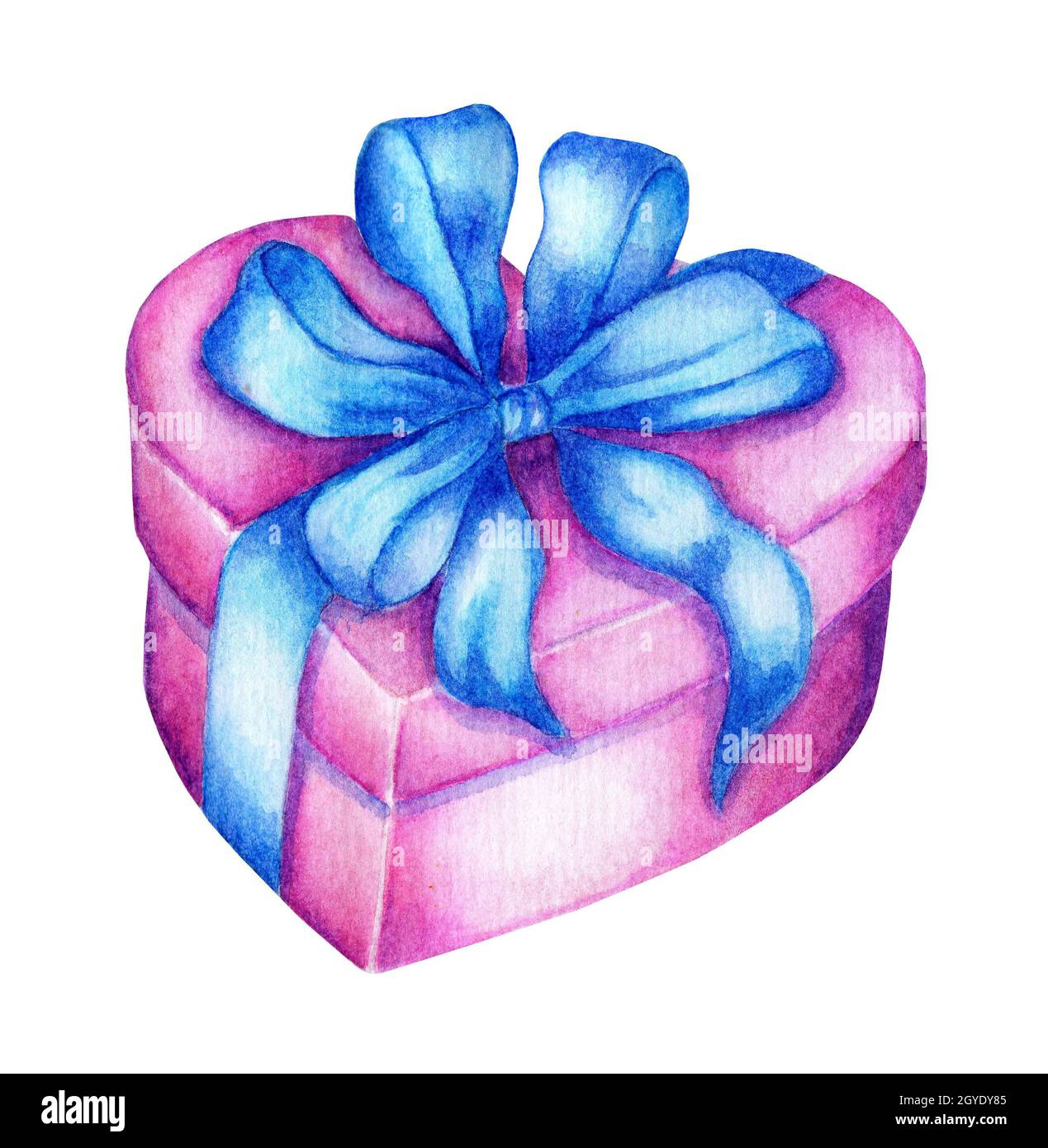 Scatola rosa acquerello a forma di cuore con arco blu. Regali per i cari, San Valentino, Natale, Capodanno, compleanno. Isolato su bianco b Foto Stock