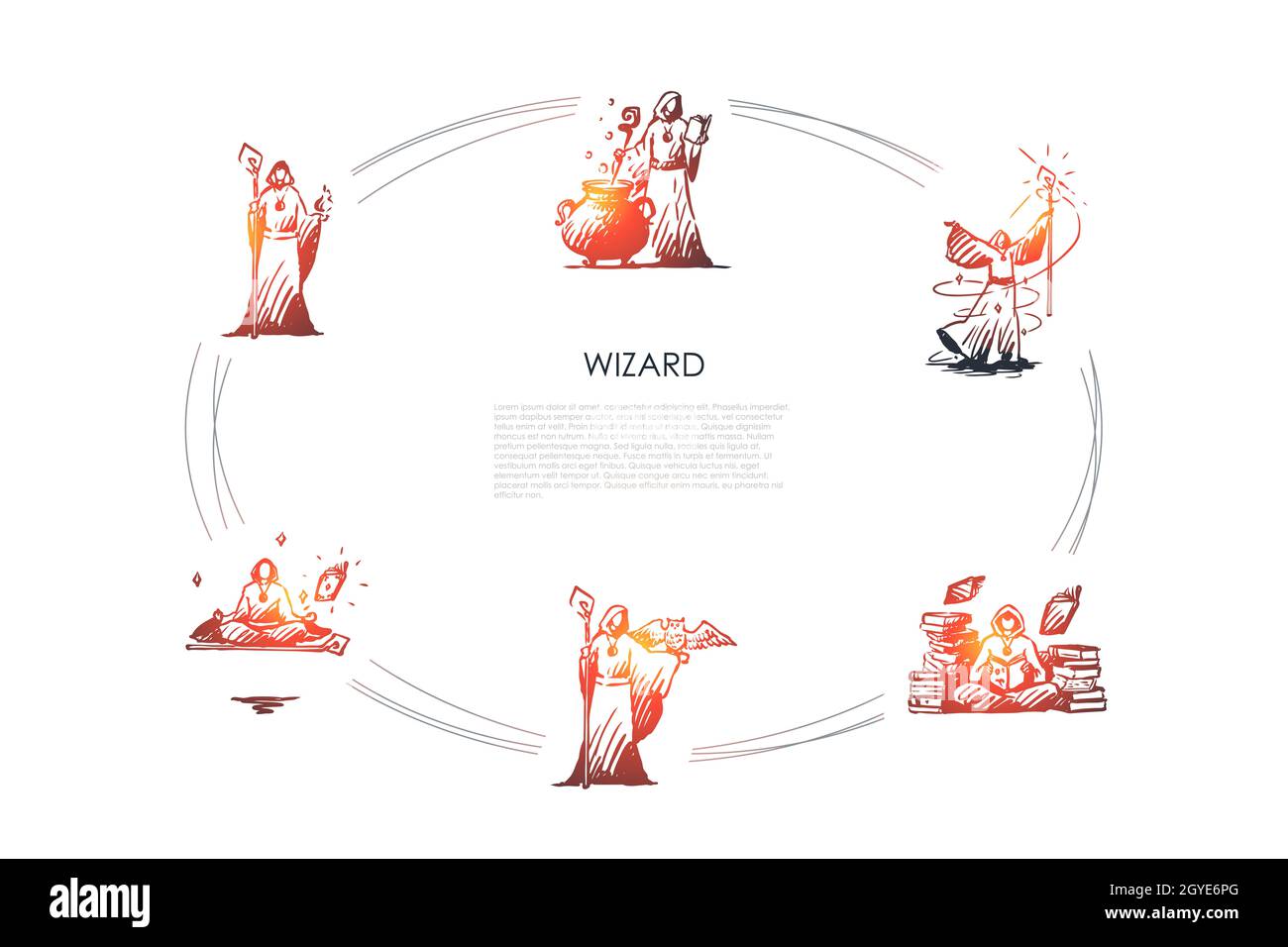Wizard - wizard in costume speciale pozione di cottura in calderone, in piedi con bacchetta magica e con gufo a portata di mano, meditando, spostando oggetti nello spazio, tak Foto Stock