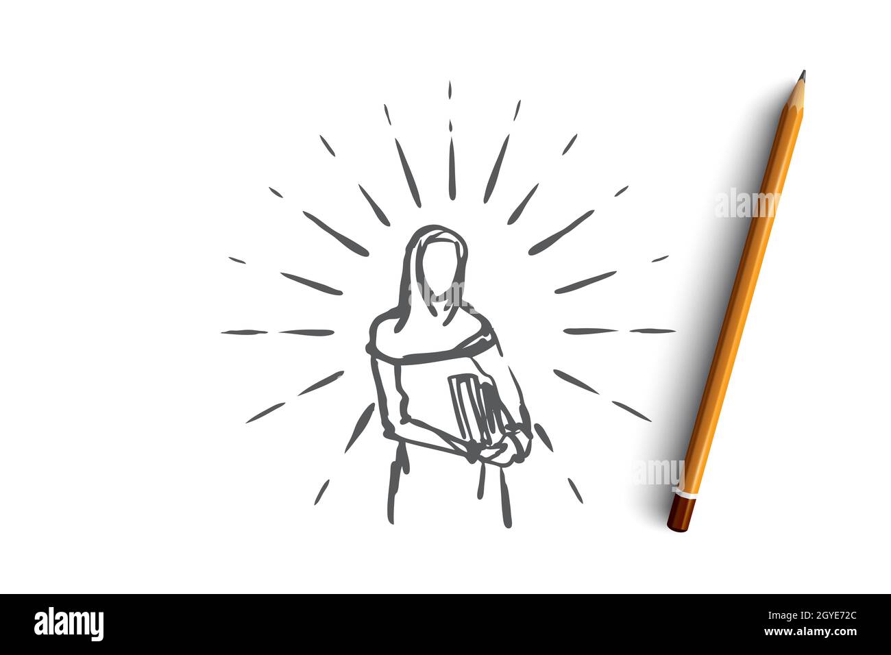 Educazione, studente, musulmano, arabo, islam, concetto di biblioteca. Silhouette disegnata a mano di studentessa musulmana con libri in sketch di concetto mani. Isolare Foto Stock