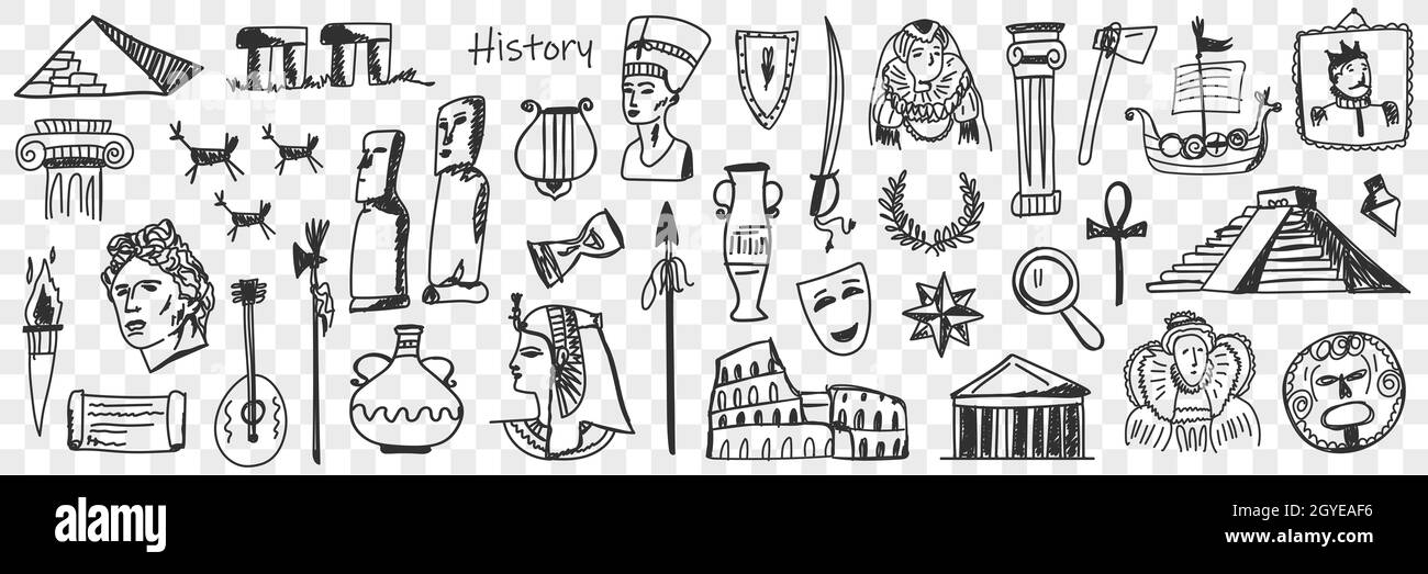 Simboli della storia insieme di doodle. Collezione di sculture antiche disegnate a mano monumenti caraffe maschere teatri edifici corone strumenti musicali torcia s Foto Stock