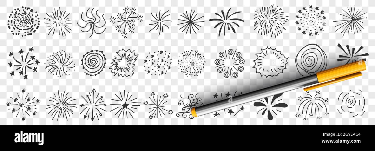 Motivi a stella e disegni di linee insieme di doodle. Collezione di disegni decorativi a mano eleganti motivi di stelle linee spruzzi flash in forme circolari Foto Stock