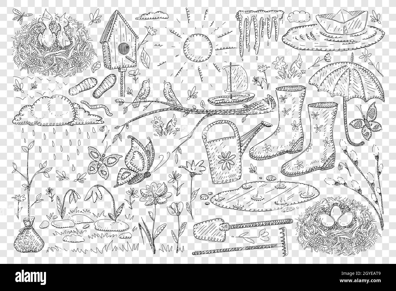 Set di barbatole primaverili e agricole. Collezione di birdhouse trafilato a mano farfalle stivali ombrello pala piante alberi carta navi su pulcini di pozzanghere in nido Foto Stock