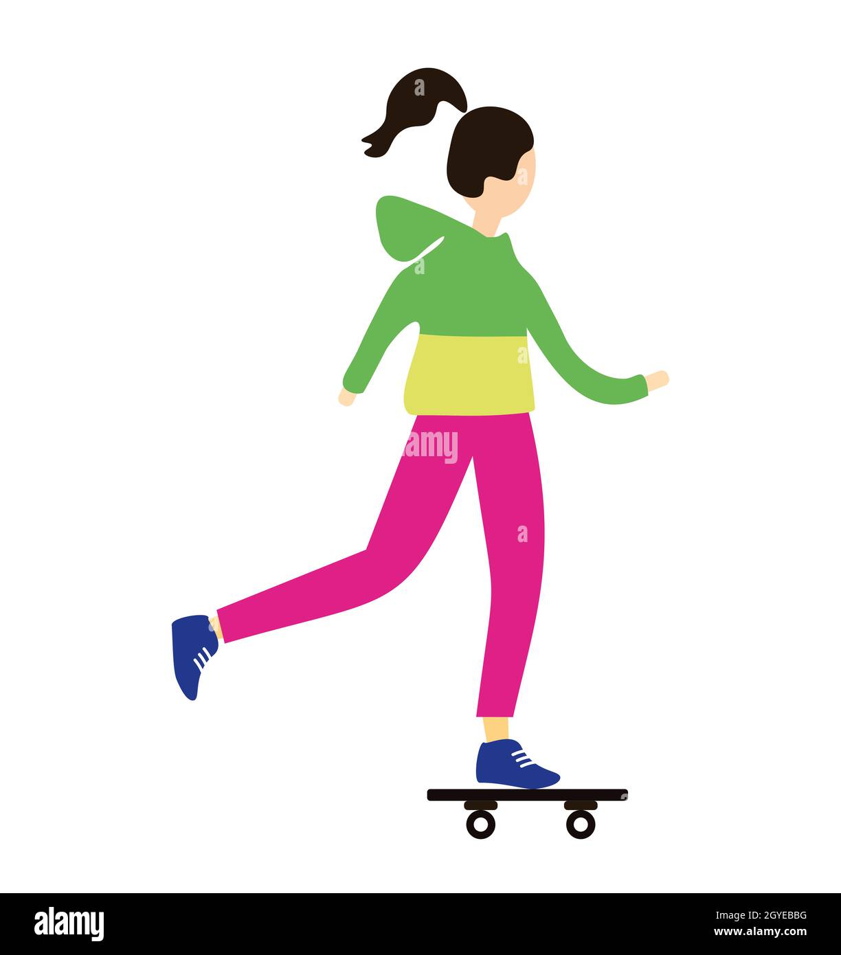 Una ragazza hipster, vestita con abiti sportivi alla moda, pattina su uno skateboard. Carattere femminile isolato su sfondo bianco. Foto Stock
