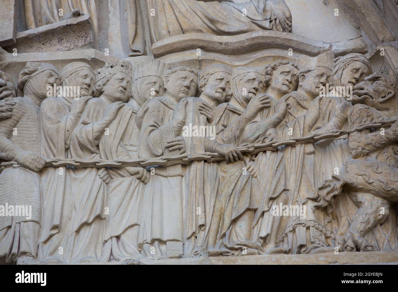 Parigi - facciata ovest della Cattedrale di Notre Dame. Il Giudizio universale timpano Foto Stock