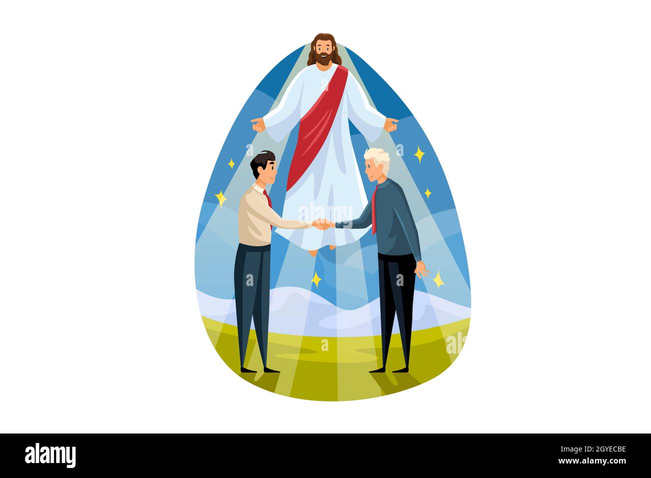 Religione, sostegno, affari, cristianesimo, concetto di riunione. La benedizione di Gesù Cristo figlio di Dio aiuta i giovani uomini d'affari chierks manager per fare affari. Foto Stock