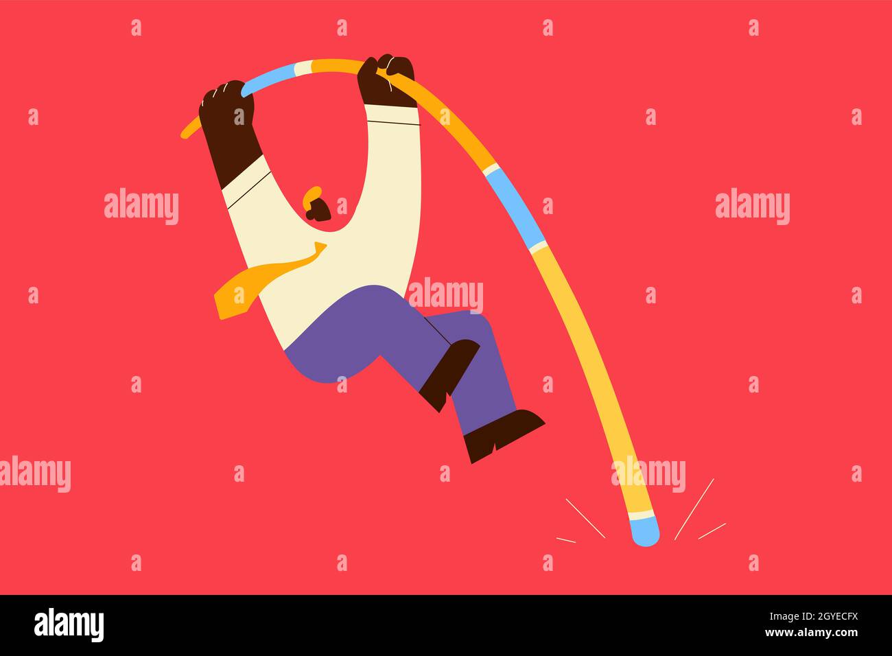 Sfida, successo, concetto di rischio. Businessman personaggio cartoon salto con pole vault per ottenere buoni risultati alti e superare le difficoltà su re Foto Stock