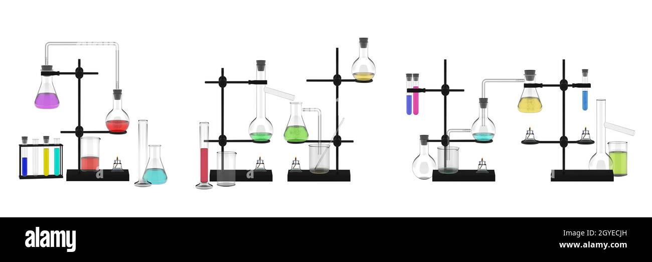 Set di mockup per matracci realistici. Modello Colletion di realismo stilato attrezzatura chimica ingredienti liquidi reagenti acidi. Lavoro medico scientifico Foto Stock