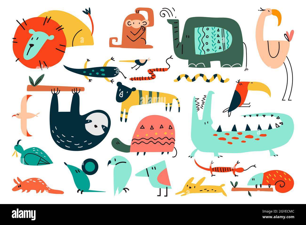 Set di scarabucco per animali. Divertenti personaggi animati colorati simpatici mammiferi selvatici africani safari. Illustrazione di leone leopardo serpenti scimmia zebra giraffa eleph Foto Stock