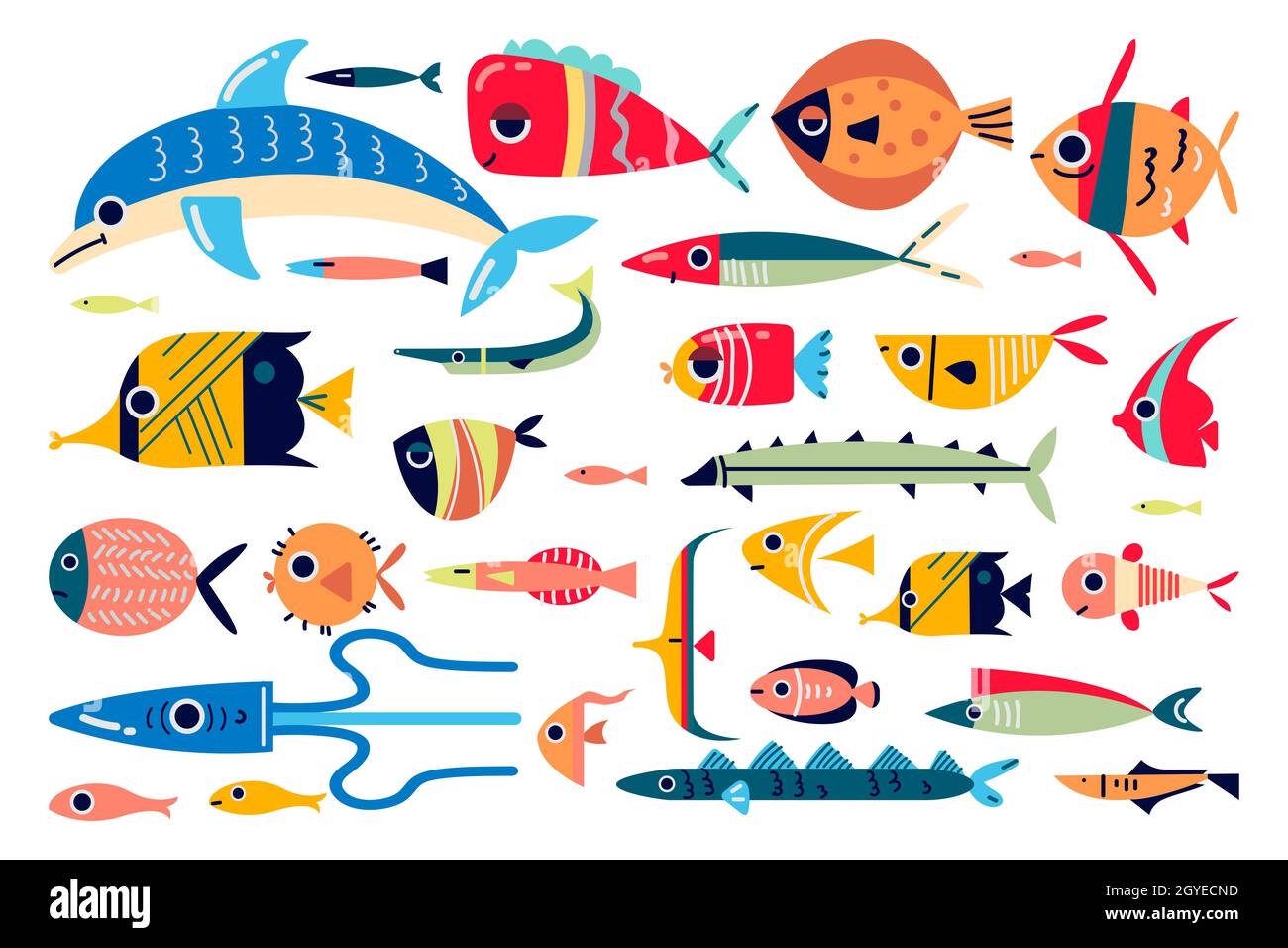 Set di scarabucchi di pesce. Diversi colorati mare oceano fiume lago animali divertenti creature subacquee cartoon personaggi polpo cavalluccio marino meduse. Vita marina Foto Stock