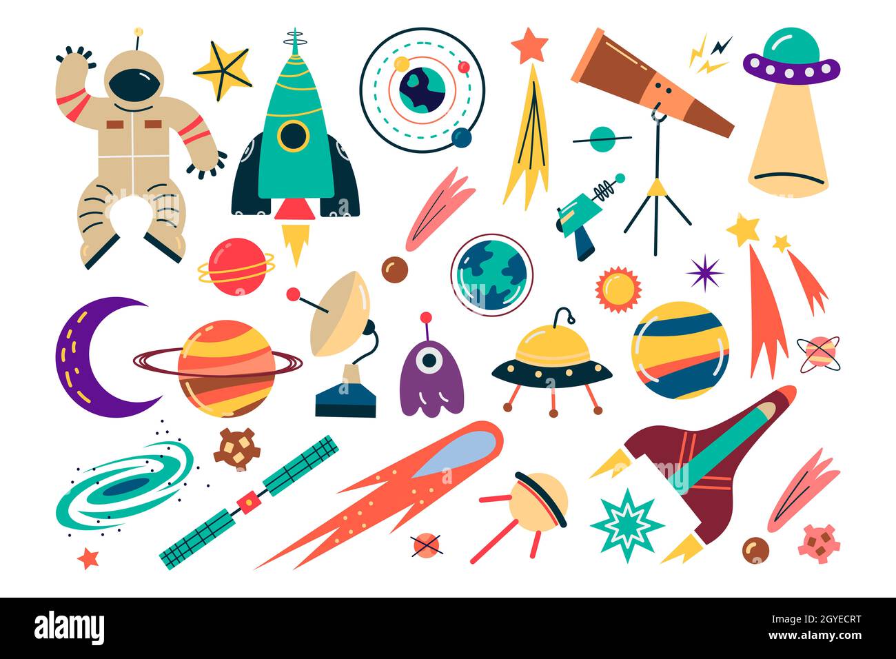 Set di doodle spaziali. Collezione fantascienza disegno di astronauta con  pianeti spaziali e stelle con meteore e razzi. Universo o galassia terra  Foto stock - Alamy