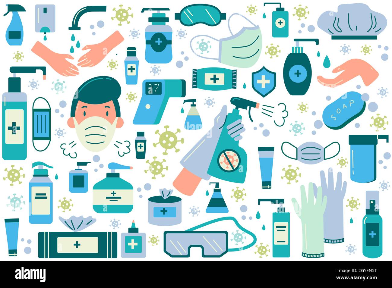Set per scarabucchiini igienici. Disinfettante coronavirus antisettico medico maschere viso lavaggio gel spray antibatterico sapone salviette tovaglioli guanti. PPE professionale personale Foto Stock