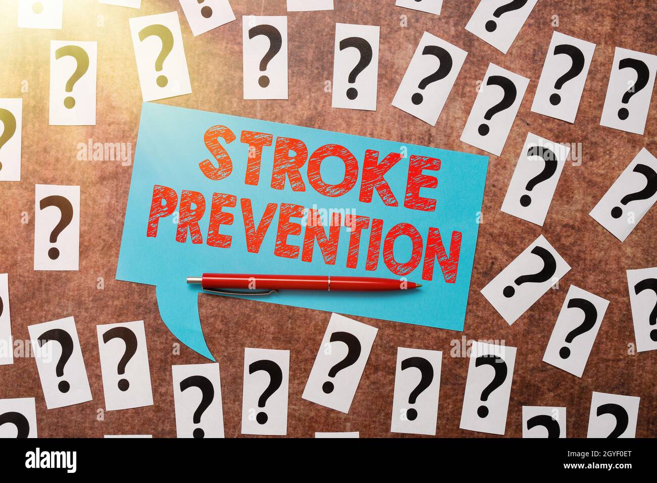 Testo di scrittura Stroke Prevention, Business idea ha identificato i fattori di rischio personali e cambiare stile di vita mettendo in discussione pensieri incerti, discutendo UNR Foto Stock