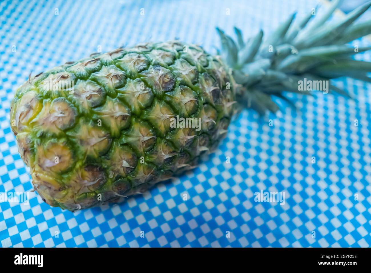 Ananas fresco su tovaglia a scacchi blu e bianco Foto Stock