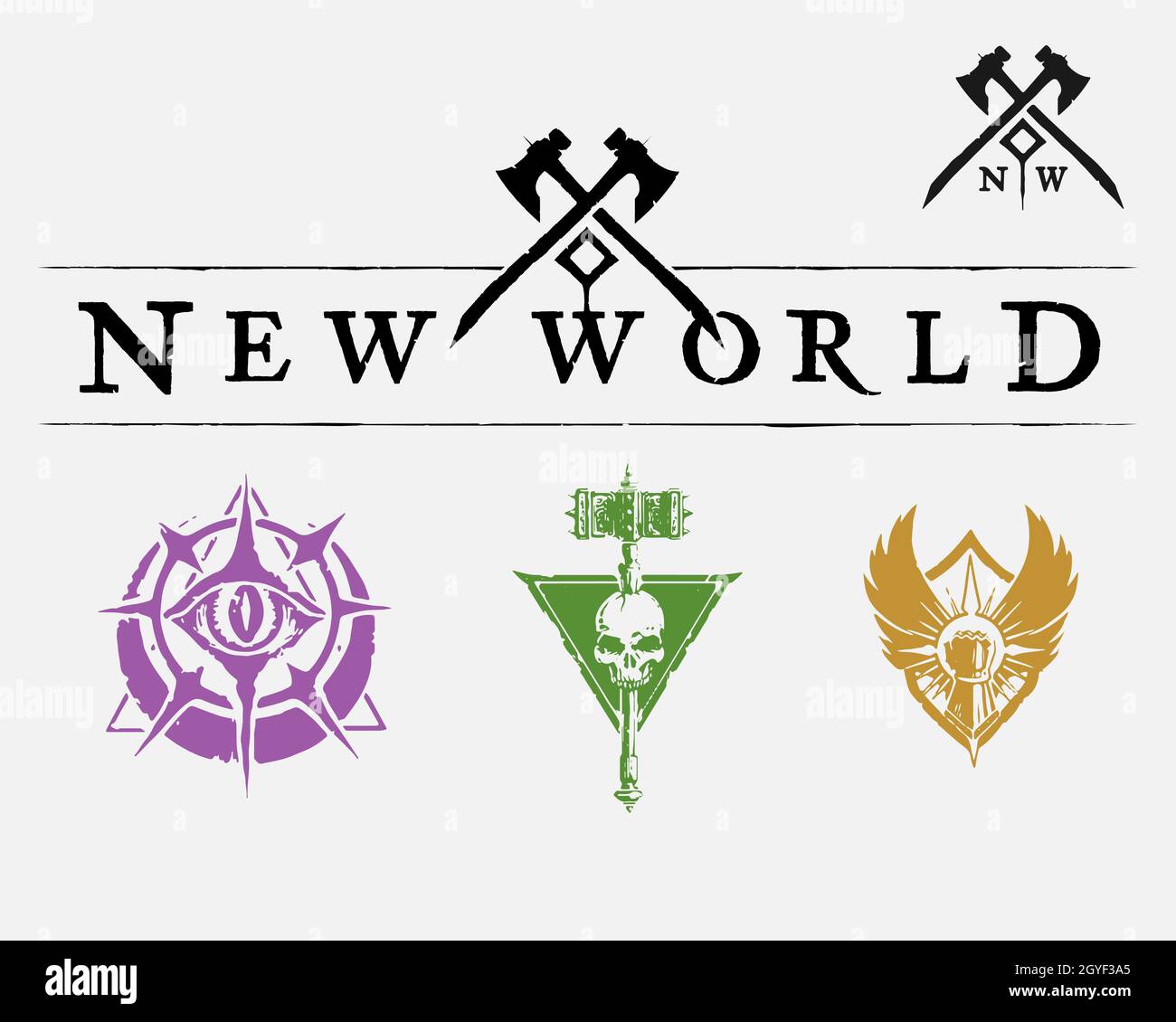 Logo New World e icone del logo delle fazioni impostate. Illustrazione Vettoriale