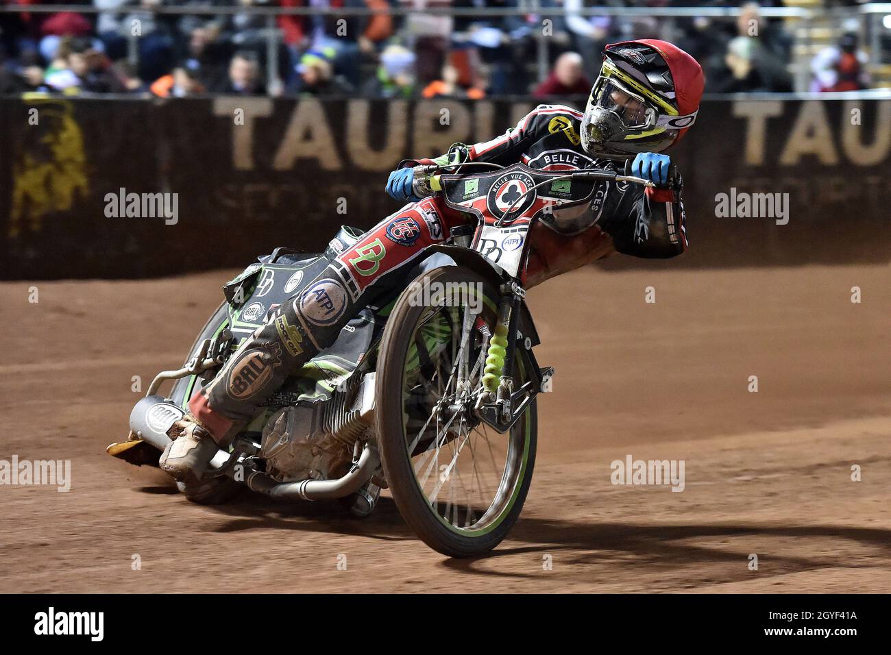 MANCHESTER, REGNO UNITO. 7 OTTOBRE Charles Wright di Belle Vue ‘Bikeright’ Aces durante la Premiership SGB Gioca fuori semifinale seconda tappa tra Belle Vue Aces e Sheffield Tigers al National Speedway Stadium di Manchester giovedì 7 ottobre 2021. (Credit: Eddie Garvey | MI News) Credit: MI News & Sport /Alamy Live News Foto Stock