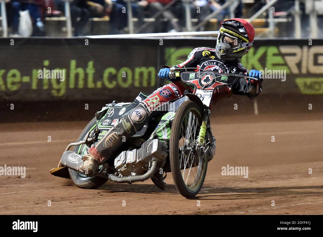 MANCHESTER, REGNO UNITO. 7 OTTOBRE Charles Wright di Belle Vue ‘Bikeright’ Aces durante la Premiership SGB Gioca fuori semifinale seconda tappa tra Belle Vue Aces e Sheffield Tigers al National Speedway Stadium di Manchester giovedì 7 ottobre 2021. (Credit: Eddie Garvey | MI News) Credit: MI News & Sport /Alamy Live News Foto Stock