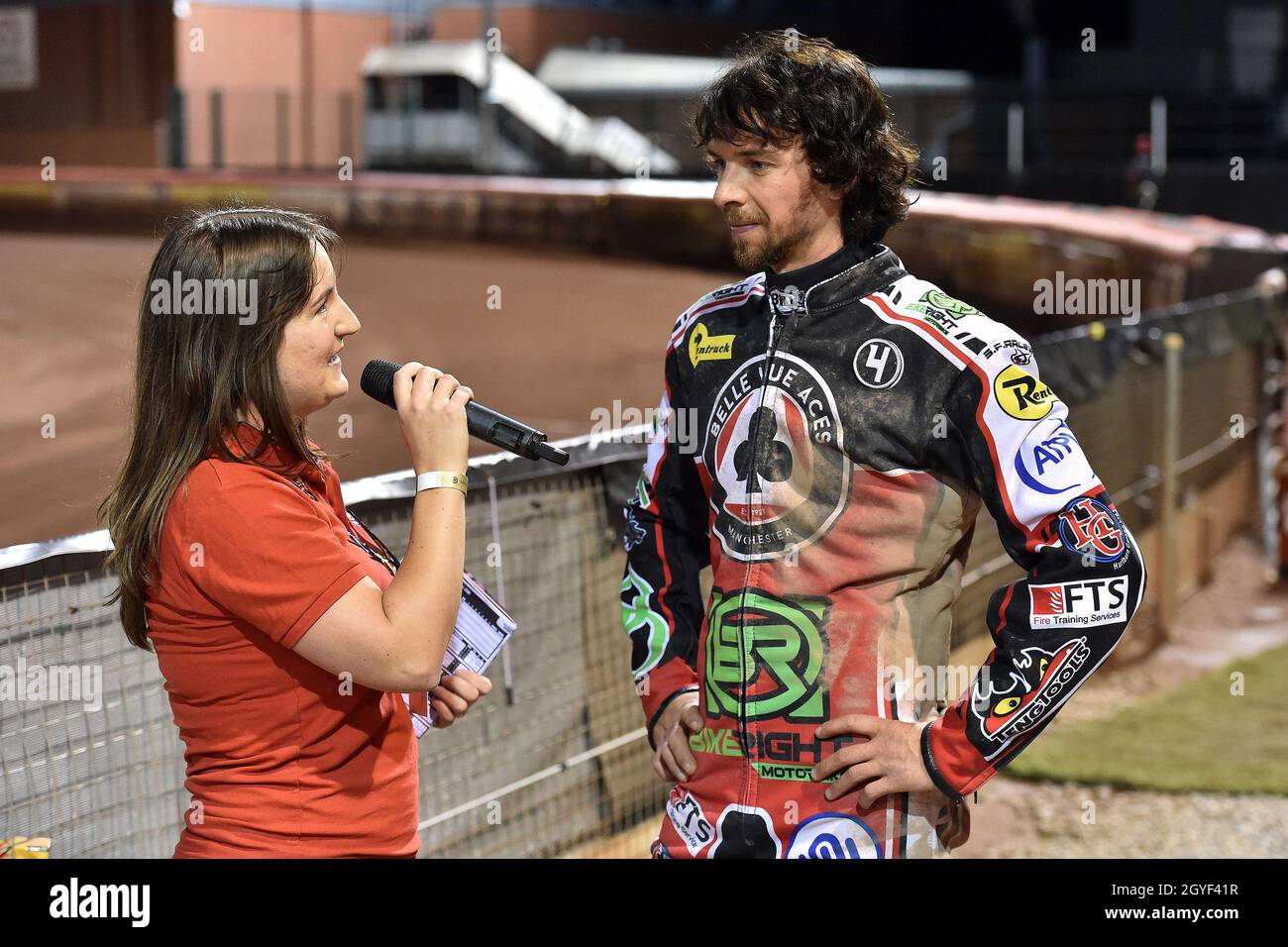 MANCHESTER, REGNO UNITO. 7 OTTOBRE Charles Wright di Belle Vue ‘Bikeright’ Aces durante la Premiership SGB Gioca fuori semifinale seconda tappa tra Belle Vue Aces e Sheffield Tigers al National Speedway Stadium di Manchester giovedì 7 ottobre 2021. (Credit: Eddie Garvey | MI News) Credit: MI News & Sport /Alamy Live News Foto Stock