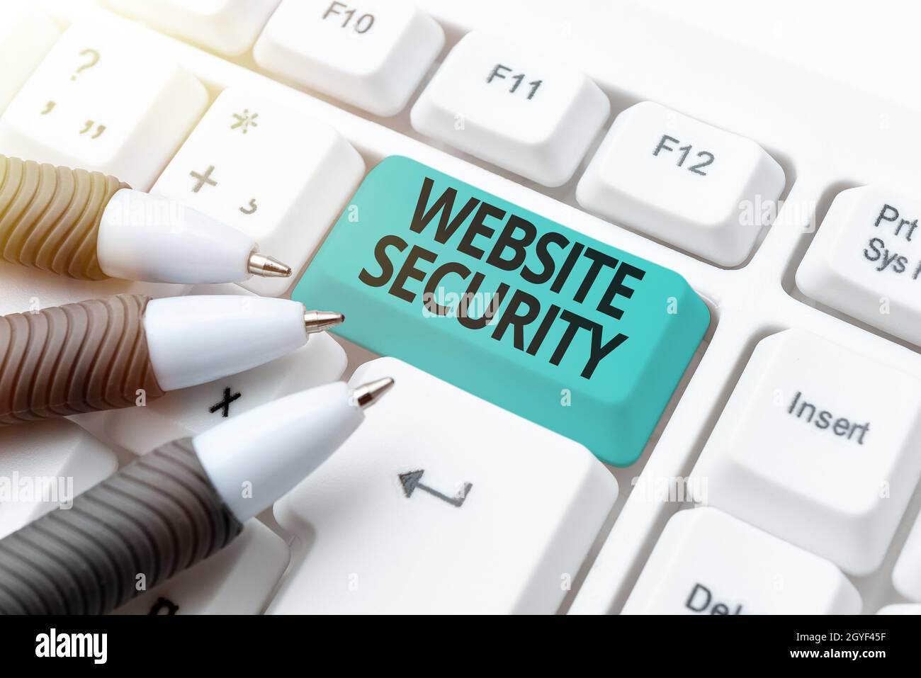 Firma di scrittura manuale sicurezza del sito web, concetto Internet componente critico per proteggere e proteggere siti web digitando documento di certificazione concetto, la retipizzazione Foto Stock