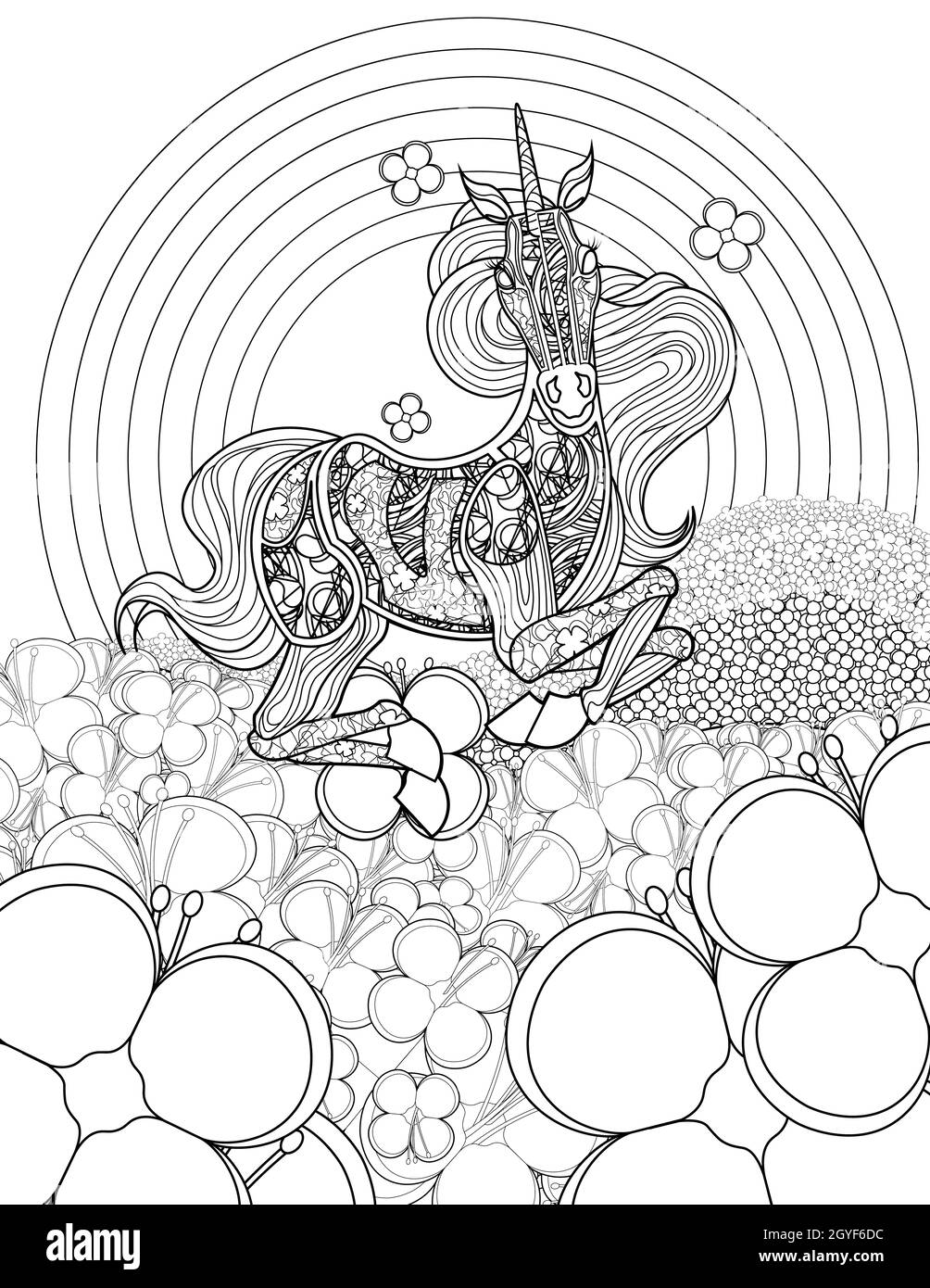 Bella Unicorn in campi di fiori guardando fronte incolore linea disegno. Foto Stock