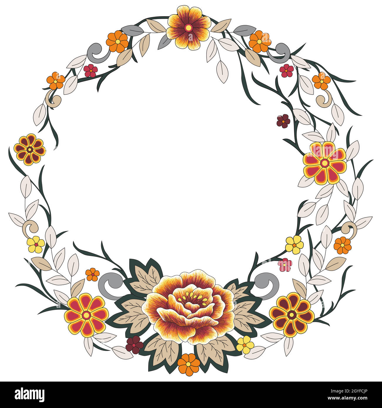 Cornice rotonda floreale vettoriale. Modello per bigliettino, invito o cartolina con elementi ornamentali colorati. Corona con fiori folkloristici e le Illustrazione Vettoriale