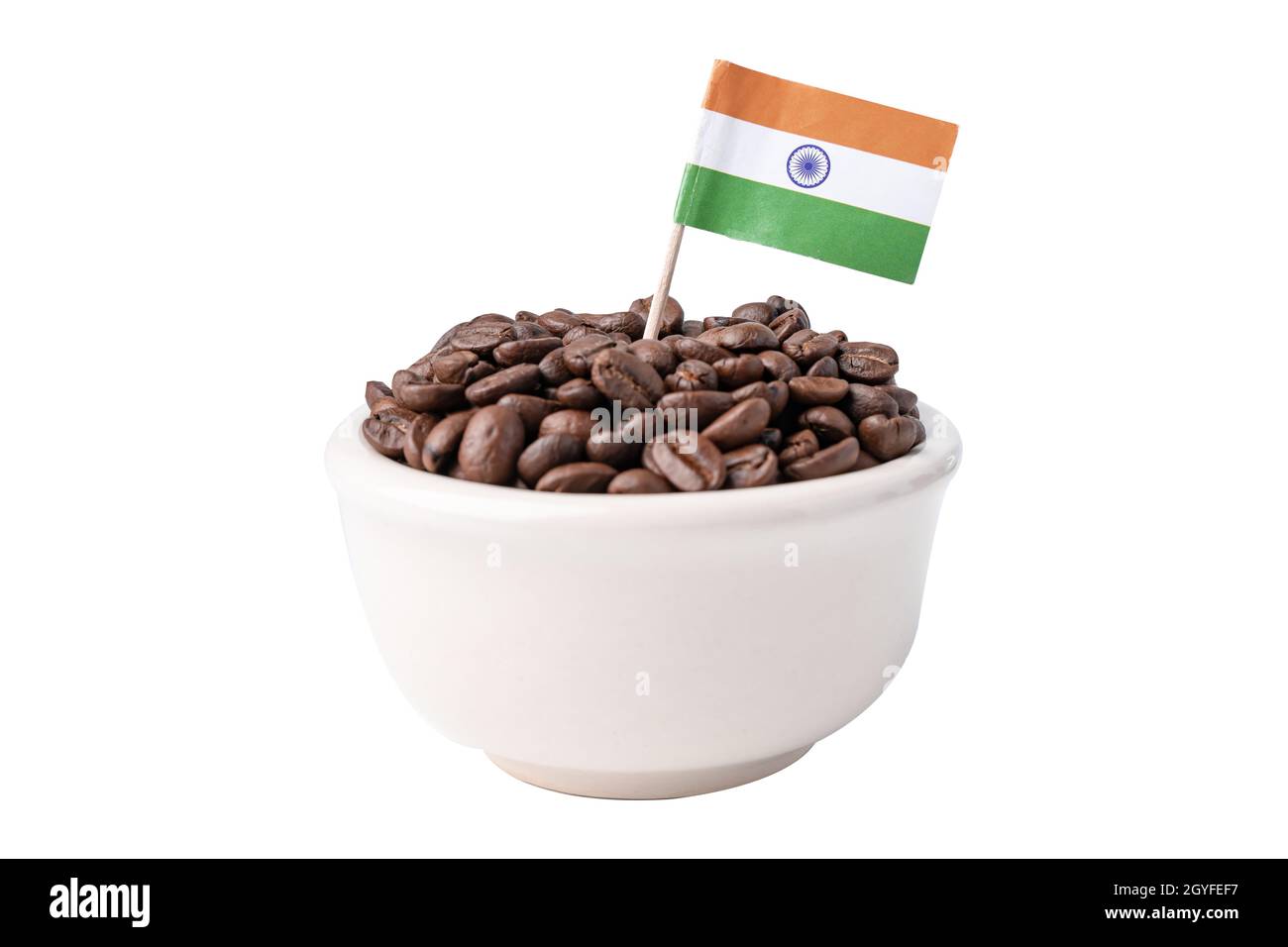 Bandiera India sui chicchi di caffè, importazione di bevande alimentari concetto. Foto Stock